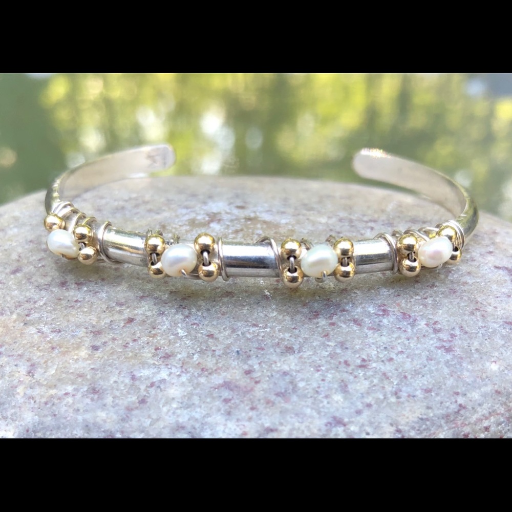 Vintage Silver, Pearls & Gold Bead Cuff Bracelet